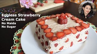 Eggless Strawberry Cake with Dates Cream | Atta Cake with Jaggery | एगलेस स्ट्रॉबेरी केक डेट्स क्रीम