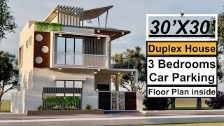 30X30 Duplex House Design 900 Sqft House plan 3 Bedrooms Car Parking 9X9 Meters House Design