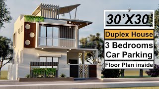 30X30 Duplex House Design | 900 Sqft House plan | 3 Bedrooms | Car Parking | 9X9 Meters House Design