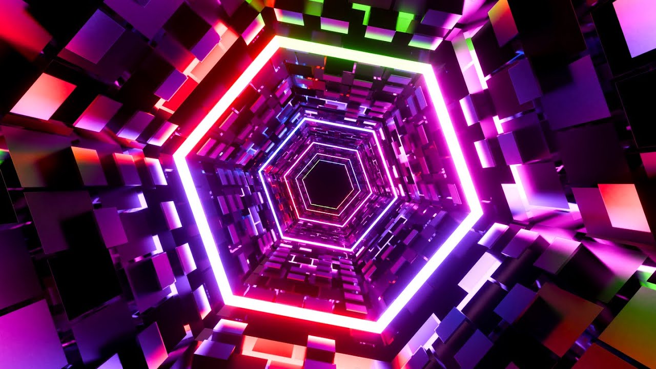 4K Abstract Fast Moving Rotating Hexagon Light Tunnel Black Screen Relaxing Neon Lights Video