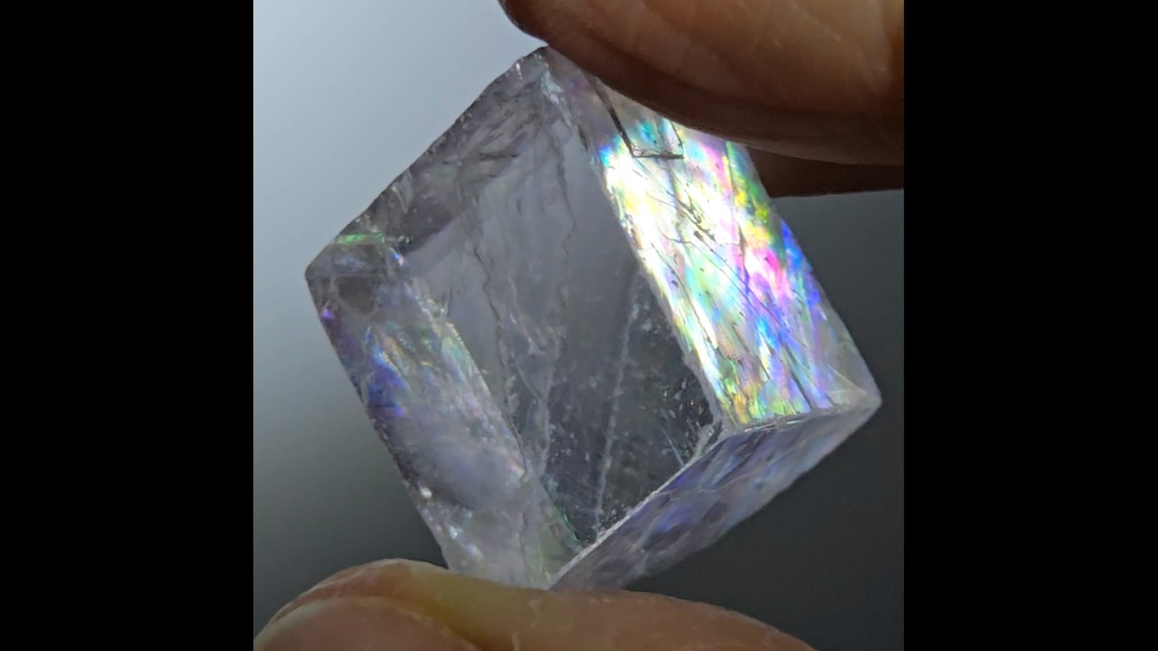 Purple calcite cube with incredible rainbows - PC15