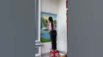 Tranh Sơn thủy hữu tình bên hiên nhà