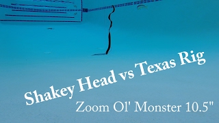 Zoom ol' monster shakey head vs. texas rig - just trying out new
underwater footage. i wanted to see what my lures look like under the
water when jig them....
