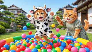 Mama Cat Builds a Fun Play Area for Ginger Kitten with Balls and Water Games 🐱💖🎠💦 screenshot 1