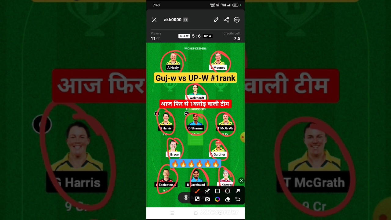 GUJ-W vs UP-W Dream11 Team || guj-w vs up-w mega gl team 
