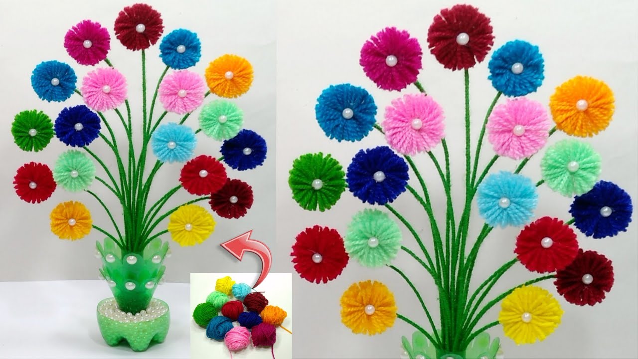 बची ऊन के टुकड़ों से गुलदस्ता बनाने का आसान तरीका/EASY PLASTIC BOTTLE & WOOLEN GULDASTA/FLOWER VASE