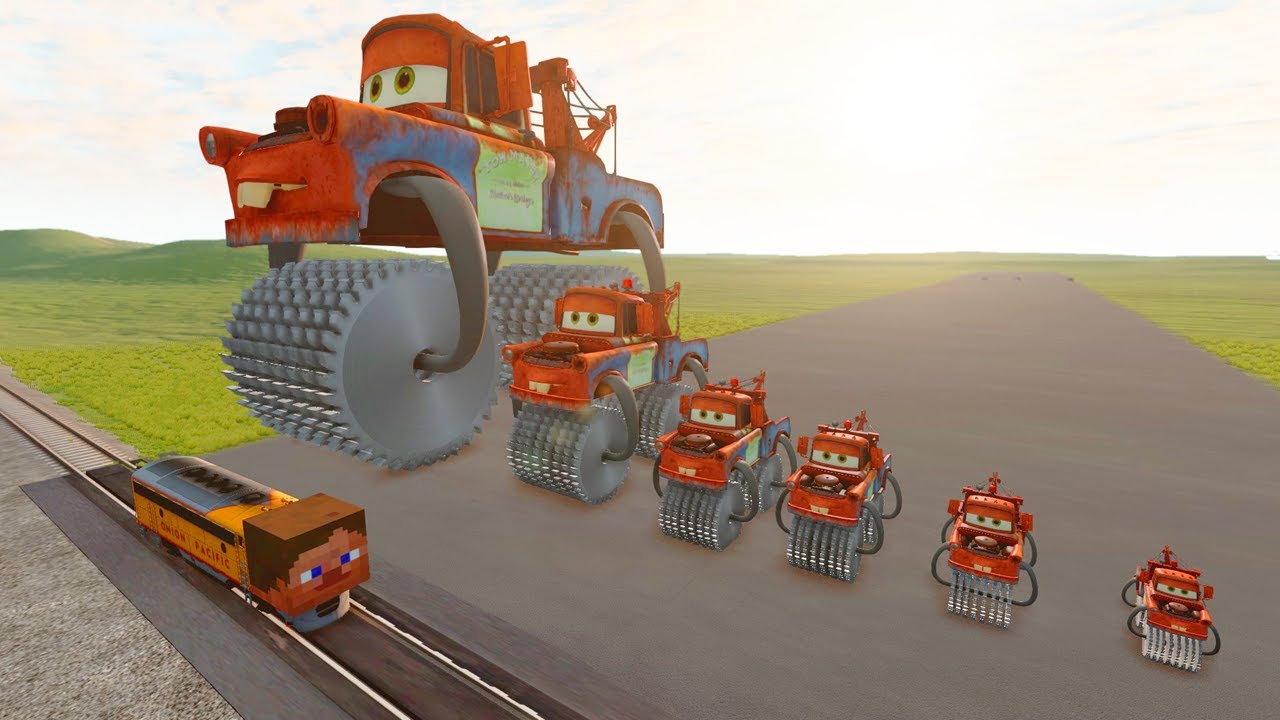 Big and Small Tow Mater Double Monster Saw Wheels vs Minecraft Train | BeamNG.Drive