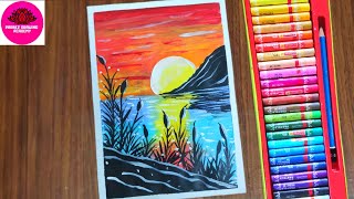 Oil Pastels Acrylic Colors Beautiful Sunset Scenery Drawing For Beginners With - Step By Step