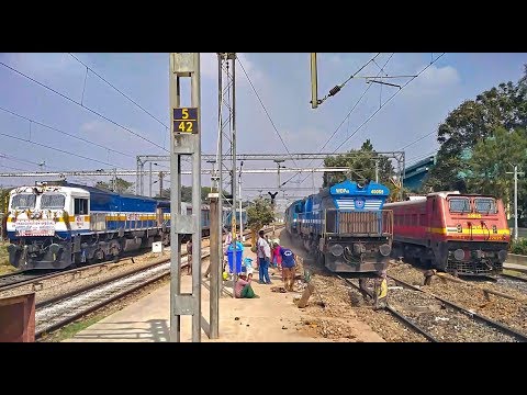 TRIPLE PARALLEL Action b/w Diesel and Electric | 4D -4B- WAP4 | Indian Railways