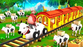 Cow Train Fruits Transport Farm Animals Diorama - Monkey Cow Dog Cat Panda Cartoons