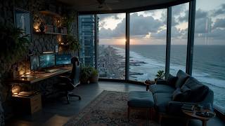 Deep work music for productivity and focus - Winter cozy office vibe & ocean sunset view