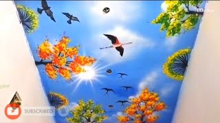 Home ceiling design || home ceiling sky painting || dining room flying bird on sky ceiling painting