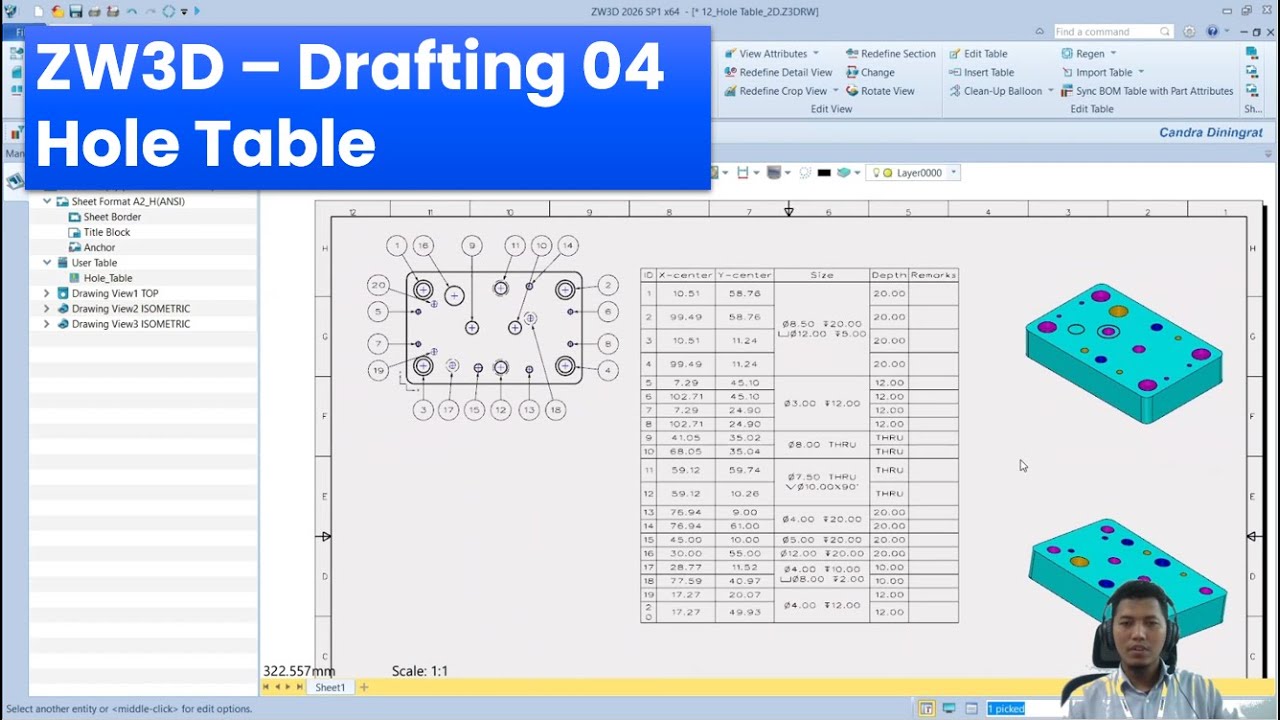 ZW3D - Drafting 04 - Hole Table - YouTube