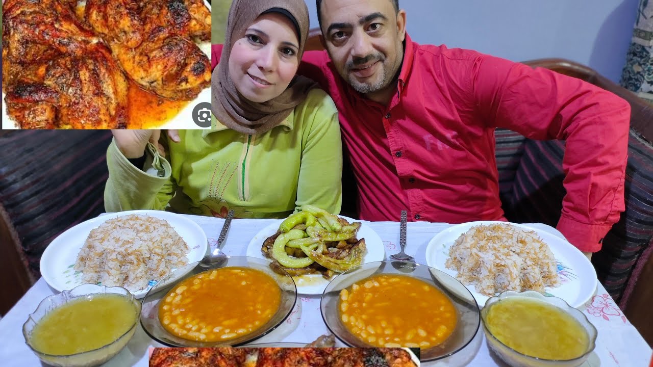 تحدي القوه على الدجاج الفرن 🐓والفاصوليا البيضاء لسان عصفور 🥣وارز  مخلل الباذنجان والفلفل الحار 🔥