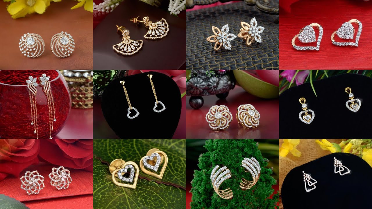 Latest Diamond Gold Ear Stud Designs with Weight and Price |Diamond Earring collection 