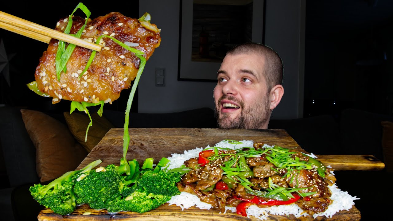 Mongolian Beef, Steamed Garlic Broccoli & Rice ASMR MUKBANG