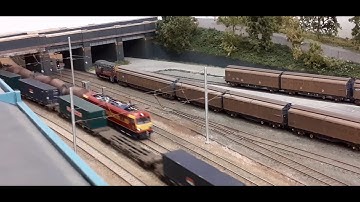 Dallam N gauge layout. Revolution Trains class 92 on Dallam
