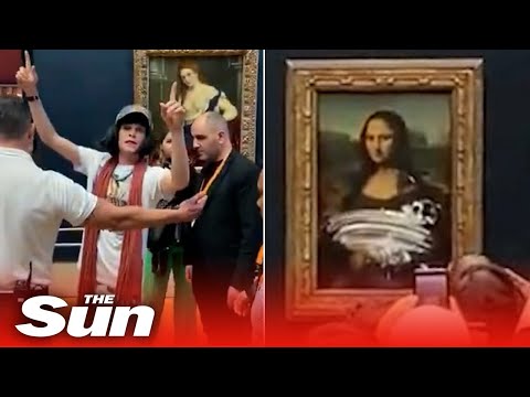 Mona Lisa smeared with cake by man disguised as elderly woman.