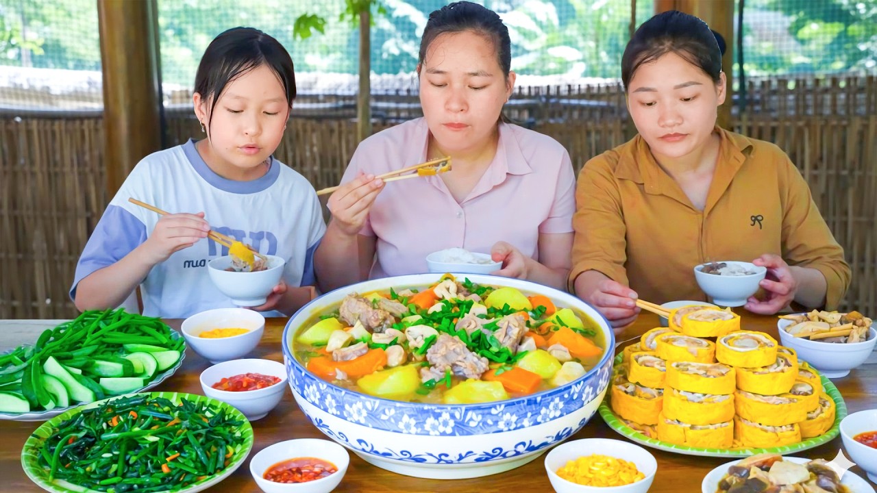 How to Cook Pork Rib Soup with Carrot & Potato and Egg Rolls for Lunch - Enjoy with My Family