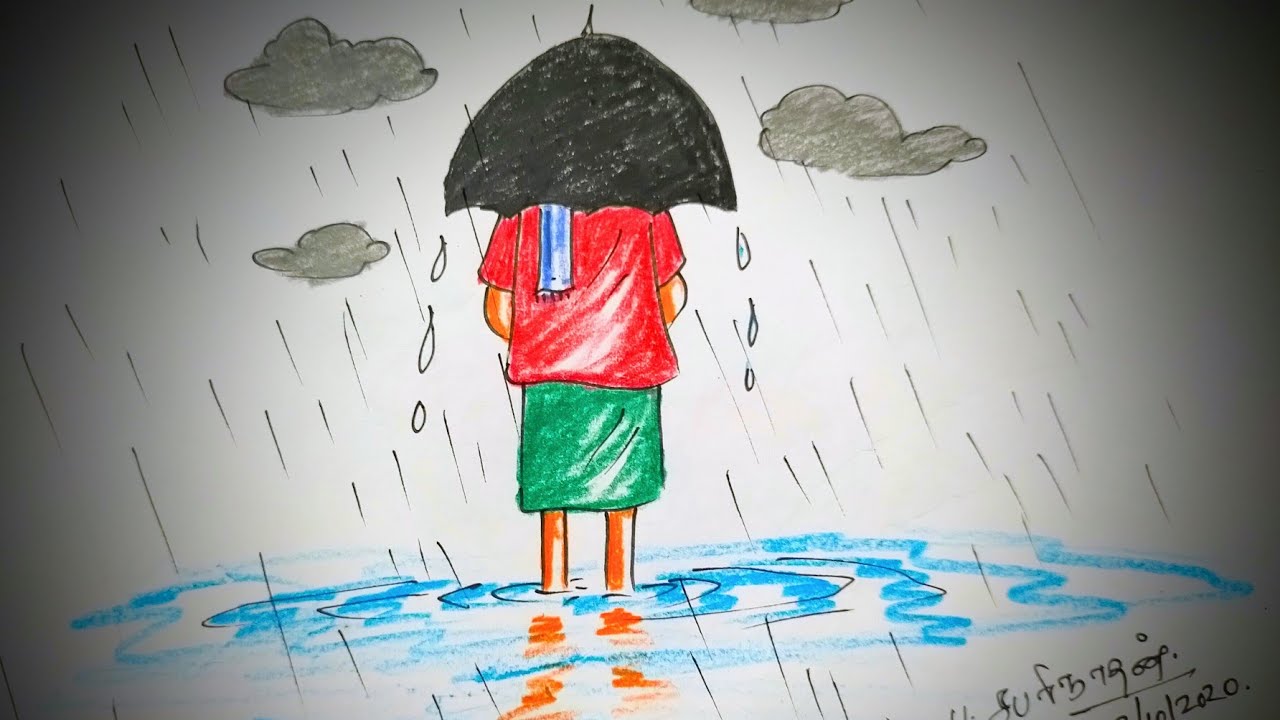 மழைக்கால ஓவியம் கார்ட்டூன்/rainy season drawing in easy method/kids