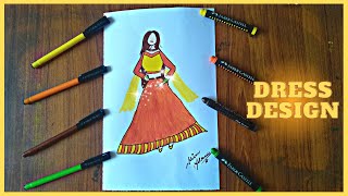 Dress Design | YELLOW+ORANGE | Fashion Illustration | For Beginners | Super Easy Dress Designing