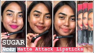 SUGAR MATTE ATTACK TRANSFERPROOF MATTE LIPSTICKS SWATCHES AND REVIES ON BARE / DUSKY SKIN | NC42 |