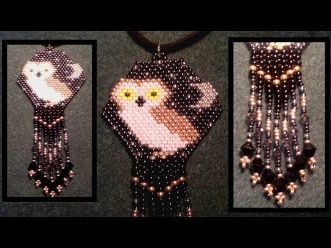 Beading4perfectionists : Brick stitch beaded owl pendant with Swarovski fringe beading tutorial