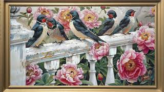 Birds and Peonies | Soft Piano | TV Art Wallpaper Background | Framed Art for TV | 4K | 3 Hours screenshot 2