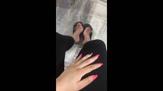 Indian Foot Queen Showing Her Beautiful Feet With Black And Pink Nails In Slippers With Dirty Soles
