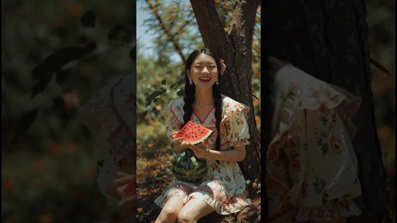 A Asia beautiful girl eating watermelon