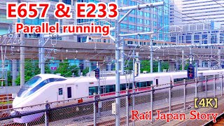 E657 HITACHI Limited Express parallel running with E233 CHUO Line, Tokyo Station | Train Japan