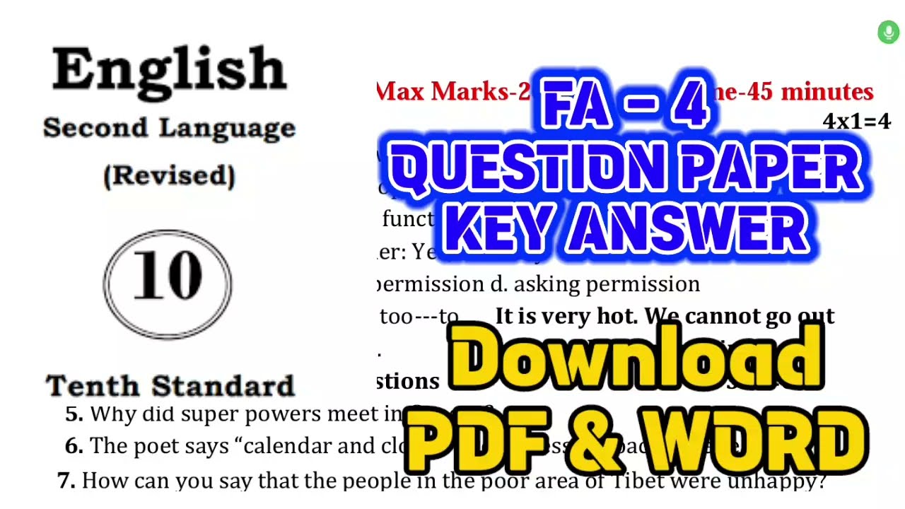 10th English FA4 Question Paper and Key Answer | 10th Formative assessment 4 