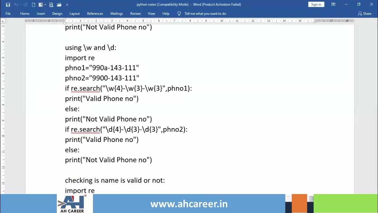 AHCAREER Online Python Course Regular Expression Phone Number Email
