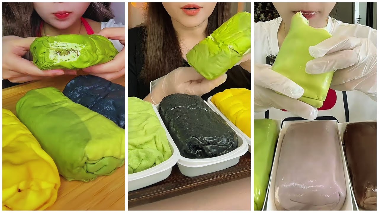 ASMR Soft & Creamy Crepe Roll Cakes | Matcha, Choco, Custard #asmr #mukbang #cake