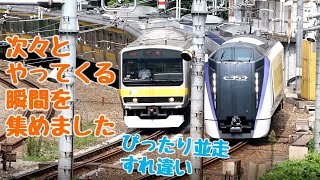 ぴったり並走、すれ違い。次々と列車がやってくる瞬間を集めた夏の日の中央線（お茶の水橋）［中央急行線・中央・総武緩行線］