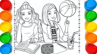 Drawing and Coloring Barbie Friends for Kids|Barbie friends coloring pages|Two best friends girls