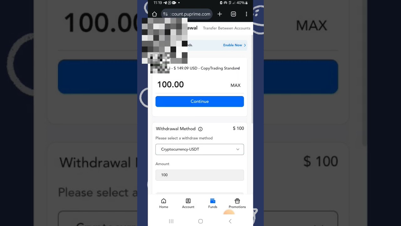Instant withdrawal, How to withdraw with Crypto on PU Prime  Mobile