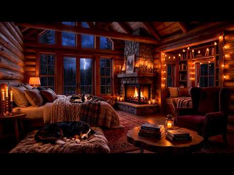 Relaxing Thunderstorm 🌩️ Cozy Cabin Fireplace & Sleeping Pets 🐶🐱