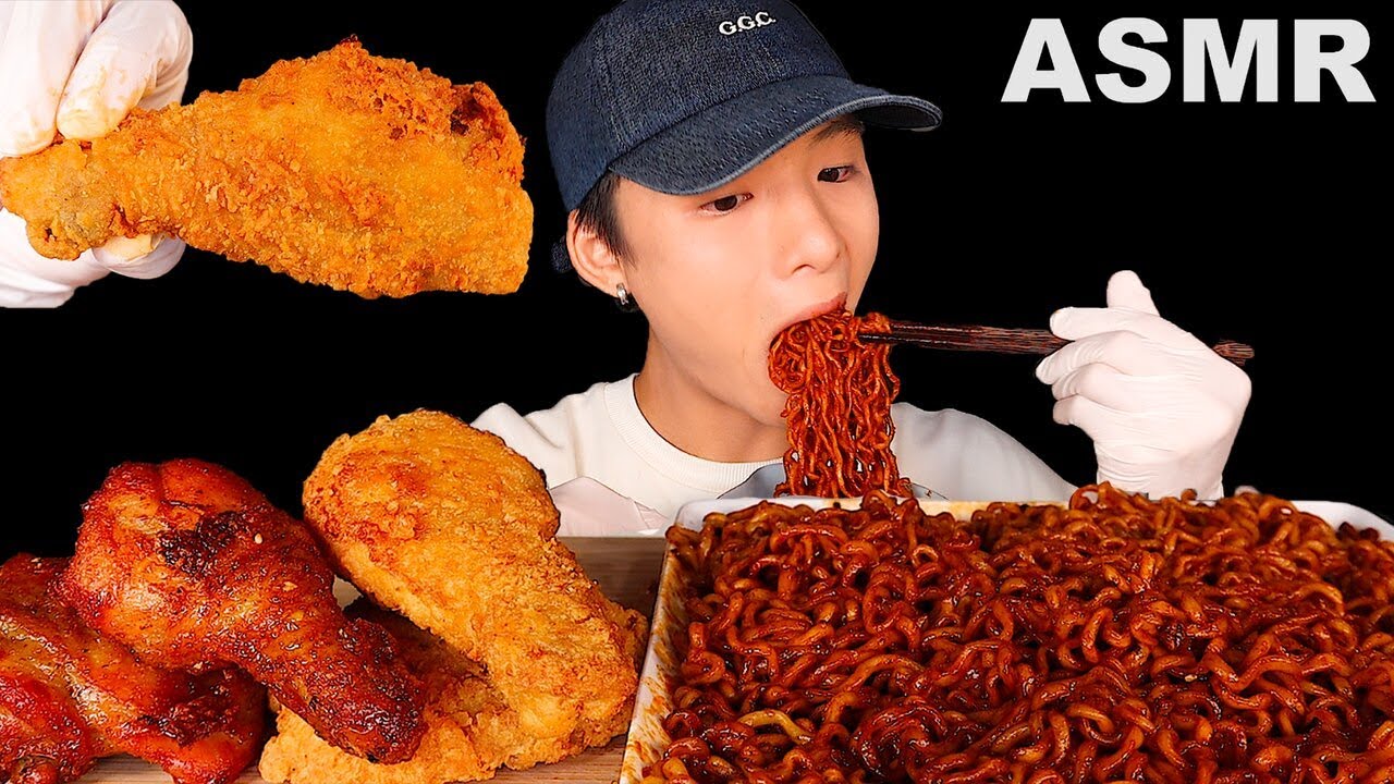 ASMR BLACK BEAN SPICY FIRE NOODLES + FRIED CHICKEN + BBQ CHICKEN (Eating Sound) | MAR ASMR