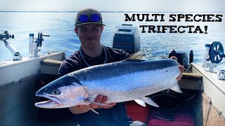 We Hit the Trifecta!!! Small Boat Fishing lake MI for Salmon & Trout! 