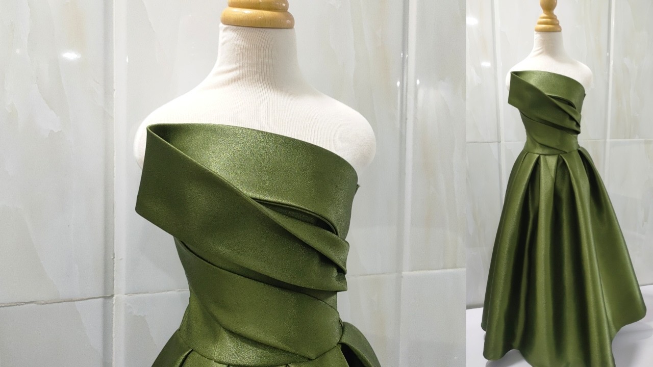 The olive-colored fabric created a beautiful dress.