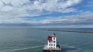 Flying DJI Flip Drone West Over Lake Erie Lorain Ohio Boat Launch To Lighthouse 10-25-2025