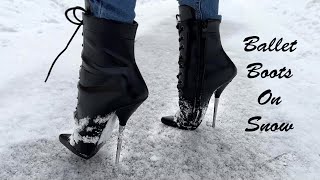 Ballet High Heels Boots on Snow Road, Girl trying to walk in Ballet Boots on Ice (vol.54)