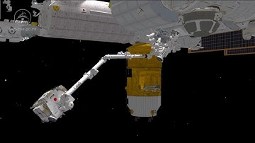 Animation of Canadarm2 catching and unloading the HTV cargo ship