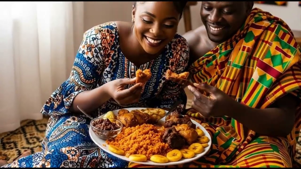 Ghanaian woman in traditional Kente serving homemade jollof rice with plenty meat to her husband