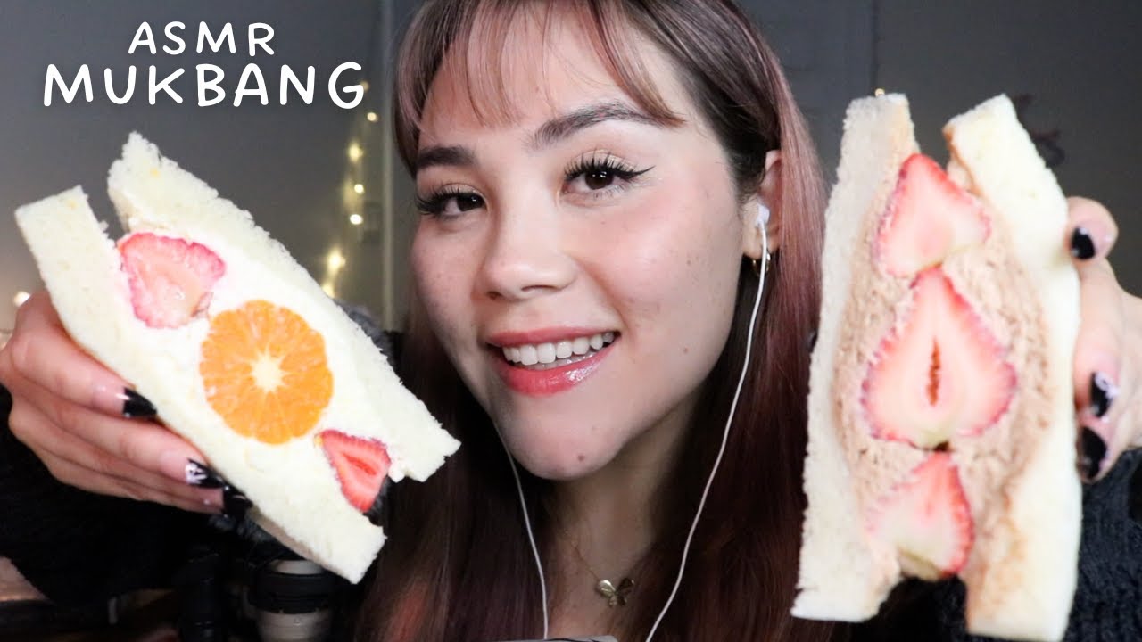 ASMR Creamy Fruit Sandwich Mukbang 🍞🍓 soft, chewy eating w/ Japanese Fruit Sando (whispered)