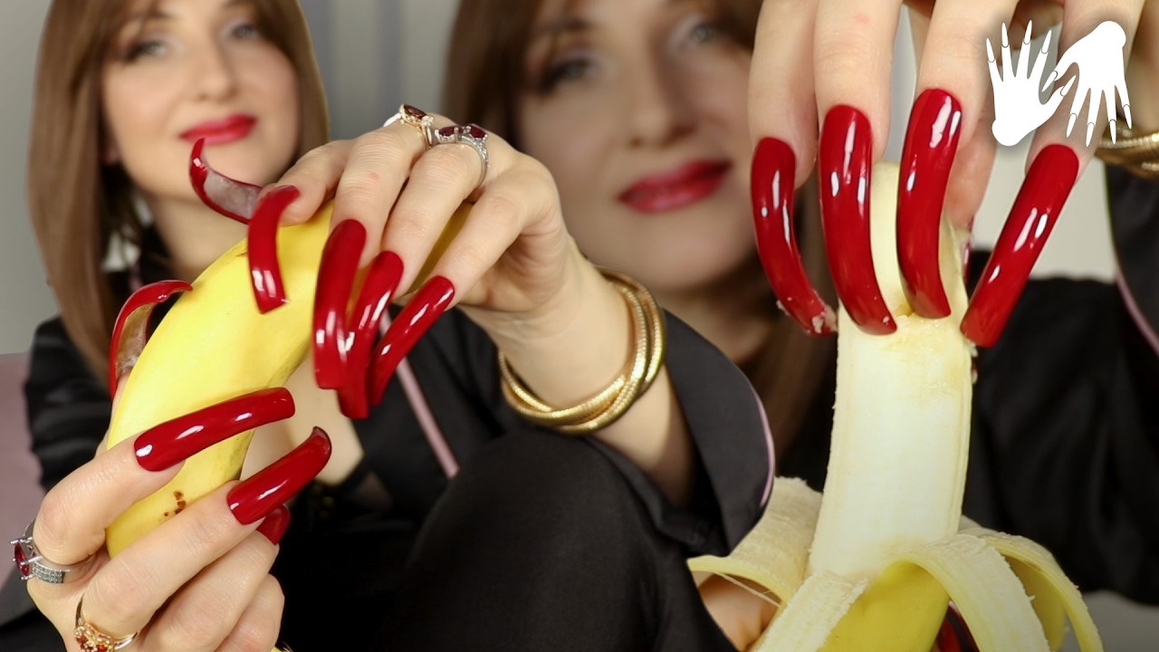 DEMO Eating 🍌 banana with long red nails