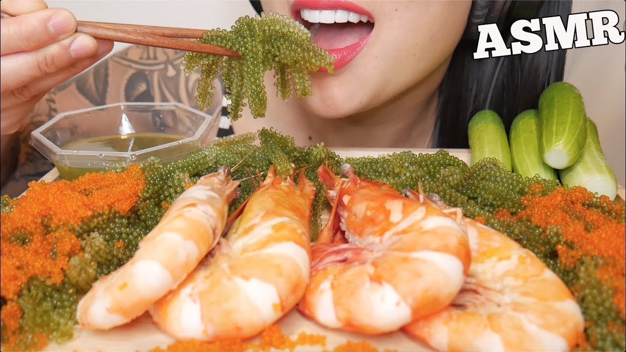 ASMR GIANT TIGER PRAWNS + FRESH SEAGRAPRES + TOBIKO EGGS (CRUNCHY EATING SOUNDS) | SAS-ASMR