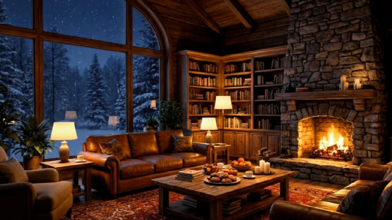 Cozy Winter Cabin Fireplace Ambience  Snowy Night & Warm Fire Sounds