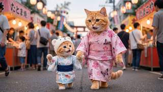 Mama Cat Makes a Yukata for Ginger Kitten to Participate in the Sanno Matsuri Festival! 🐾🇯🇵